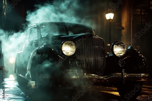 Classic car shrouded in mist, illuminated by vintage streetlight photo