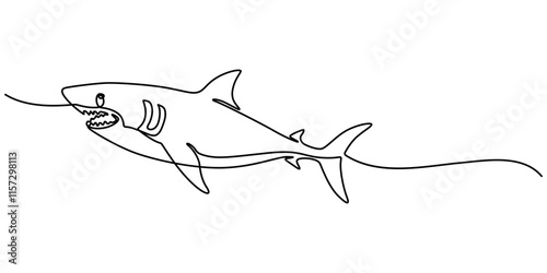 Shark Continuous Line Drawing, One line drawing of a shark. Graphic vector illustration of shark continuous line drawing, Continuous one line drawing of shark fish. Simple illustration of saltwater 