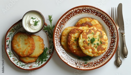  Hanukkah Themed Plate with Delicious Latkes and Toppings for Festive Celebration photo