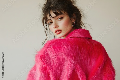 Bold fashion statement featuring vibrant pink fur coat, highligh photo