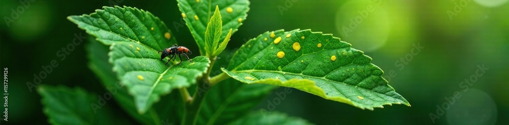 Insect-infested leaves with yellow spots and droopy foliage, droopy leaves, plant harm, biological attack Insect-infested leaves with yellow spots and droopy foliage, droopy leaves, plant harm, biological attack