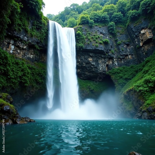 Misty veil rises from the base of a waterfall, atmospheric effect, nature, tropical