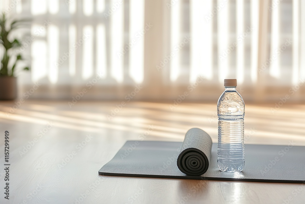 Calm yoga space featuring mat and water bottle bathed in natural Calm yoga space featuring mat and water bottle bathed in natural