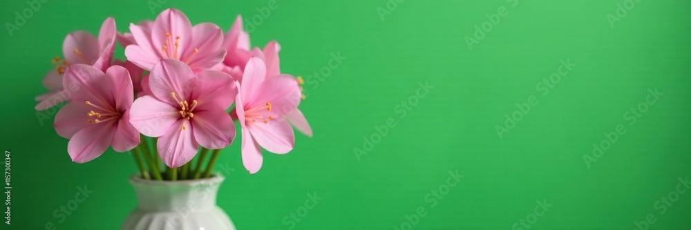 Fototapeta premium Pink flowers in a vase against a green background, arrangement, spring garden, floristry
