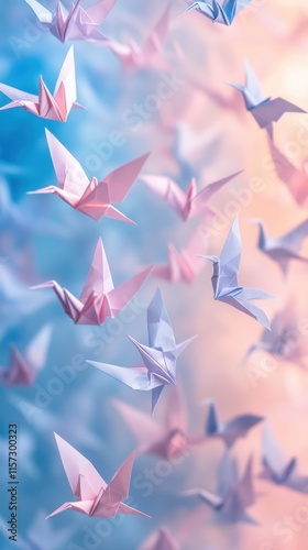 Delicate paper cranes A serene scene with soft pastel-colored paper cranes suspended in still air. HD phone wallpaper