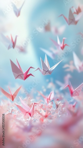 Delicate paper cranes A serene scene with soft pastel-colored paper cranes suspended in still air. HD phone wallpaper