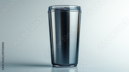 Stainless steel tumbler with clear lid.