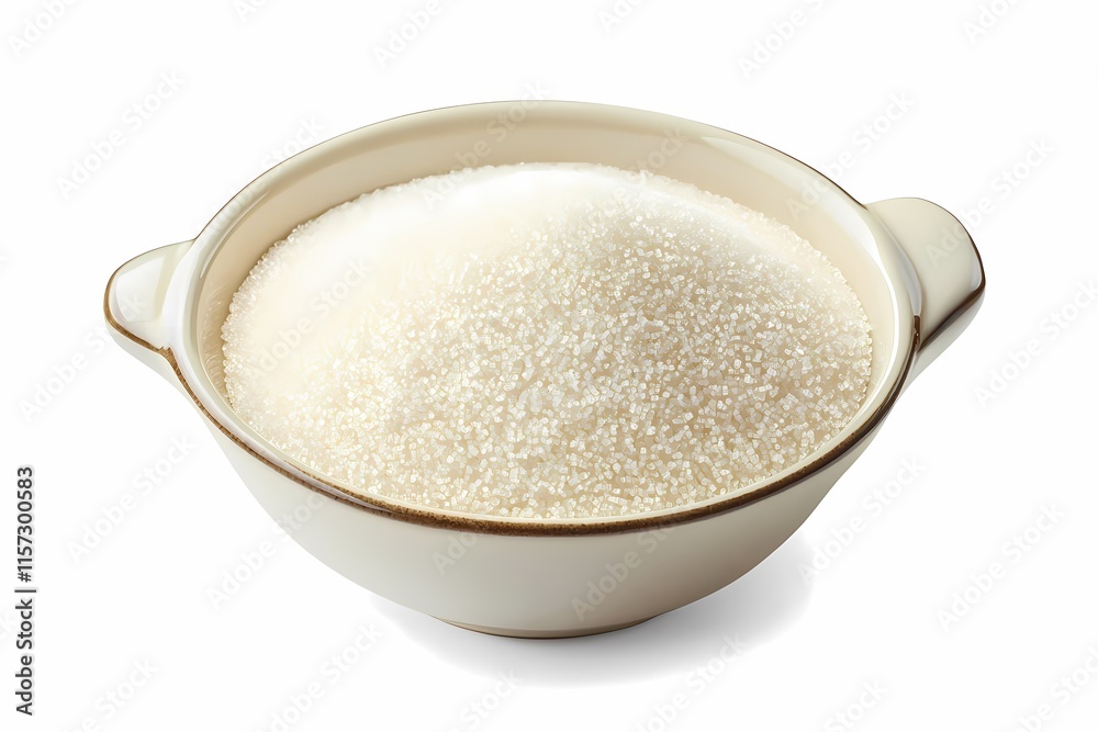 White Granulated Sugar in a Ceramic Bowl on White Background White Granulated Sugar in a Ceramic Bowl on White Background