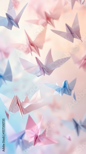 Delicate paper cranes A serene scene with soft pastel-colored paper cranes suspended in still air. HD phone wallpaper