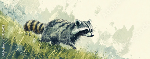 playful raccoon is depicted tumbling down grassy hill in dynamic and artistic style, with vibrant brushstroke textures and lively outdoor setting photo