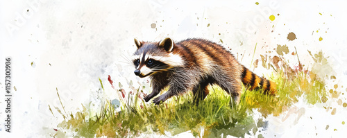 playful raccoon energetically tumbling down grassy hill, surrounded by dynamic and artistic watercolor splash effect, creating lively and whimsical scene photo