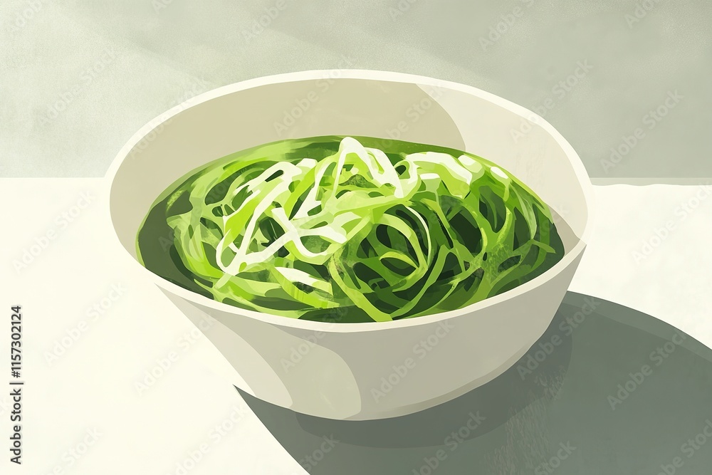 Fresh green noodles elegantly arranged in white bowl, bathed in Fresh green noodles elegantly arranged in white bowl, bathed in