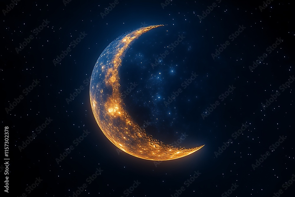 Glowing crescent moon in starry night. Glowing crescent moon in starry night.