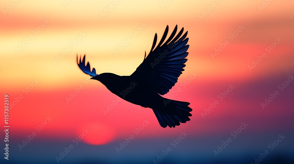 Obraz premium Silhouette of a Bird: Photograph a silhouette of a bird flying against a colorful sunset