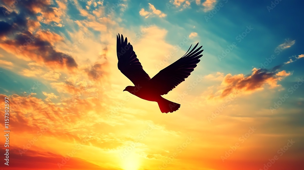 Fototapeta premium Silhouette of a Bird: Photograph a silhouette of a bird flying against a colorful sunset