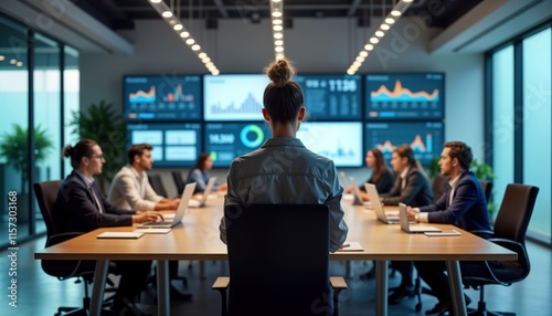 Diverse business professionals collaborate around large modern office table. Discuss project plan, tasks. Large screens display data graphs. Teamwork atmosphere. Company meeting in progress. Startup,