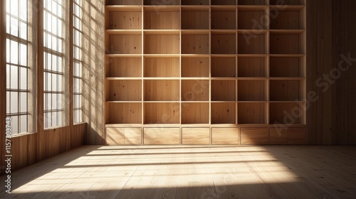 Modern wooden shelving unit room large window left Softly lit bespoke