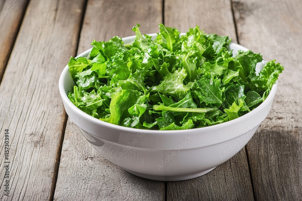 Fresh green kale in white bowl, placed on rustic wooden surface Fresh green kale in white bowl, placed on rustic wooden surface