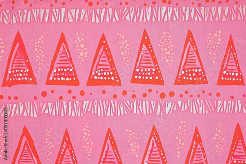 Bright pink background features playful triangular patterns with