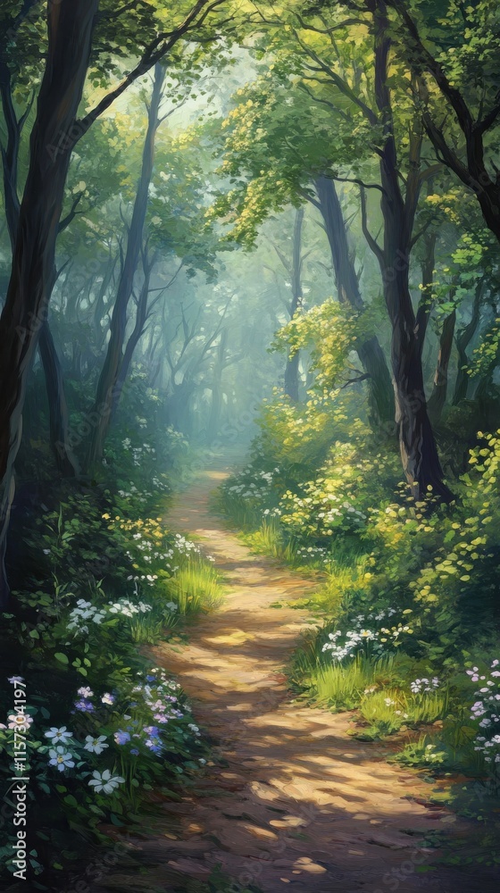 Obraz premium Dreamy forest path A quiet woodland path bathed in soft morning light, evoking calm. HD phone wallpaper