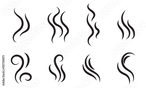 Smoke steam icon vector logo set. Smoke smell, steam aroma heat icon illustration. Hot vapor fire doodle line logo. Hit stink, coffee, fragrance flame elements. Vector illustration.