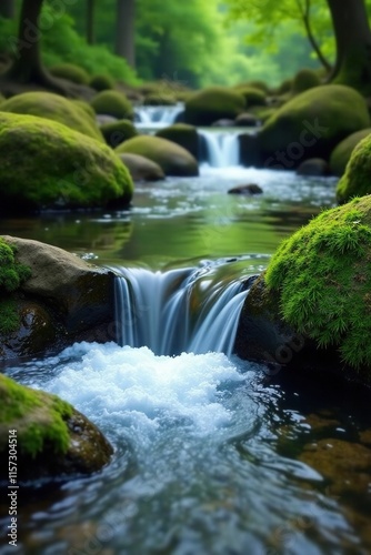 Water flows over moss-covered stones in river, calm, moss