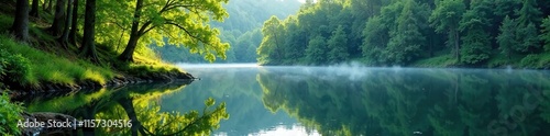 Water plants and trees reflected in the calm forest lake, peacefulscenery, trees, reflective surfaces