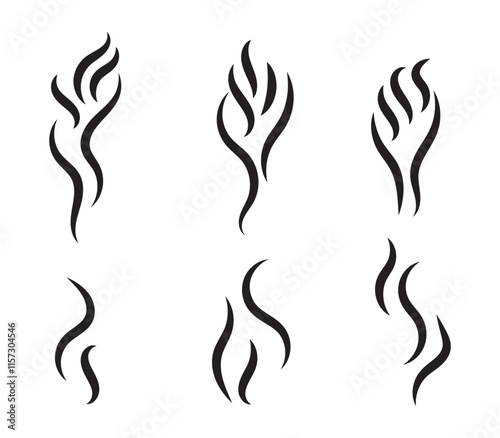 Smoke steam icon vector logo set. Smoke smell, steam aroma heat icon illustration. Hot vapor fire doodle line logo. Hit stink, coffee, fragrance flame elements. Vector illustration.