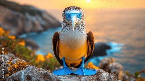 Blue-footed booby bird perched on rocks at sunset.