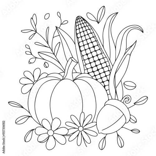 Harvest, coloring book page. Corn cobs and Pumpkins,