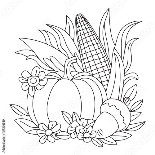 Harvest, coloring book page. Corn cobs and Pumpkins,