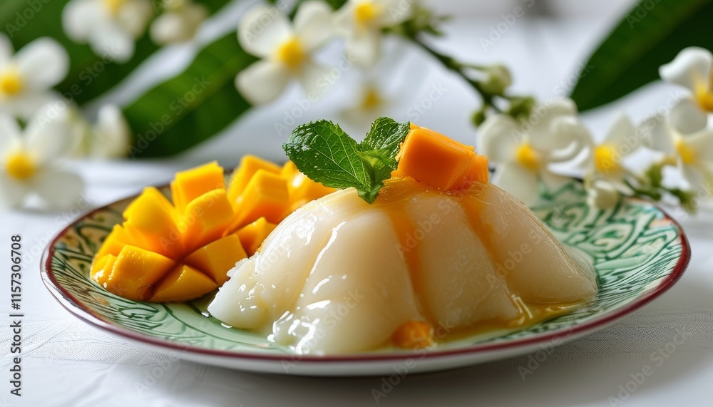 Exquisite Thai Dessert Featuring Mango and Coconut Jelly in a Beautiful Plate for Songkran Festival Exquisite Thai Dessert Featuring Mango and Coconut Jelly in a Beautiful Plate for Songkran Festival