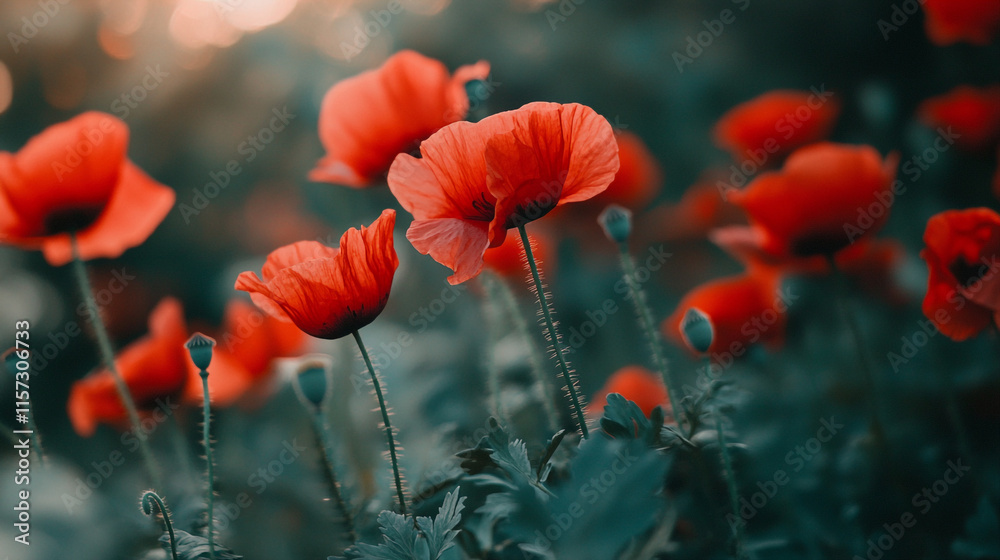 Obraz premium Vibrant red poppies bloom in remembrance on Memorial Day. 