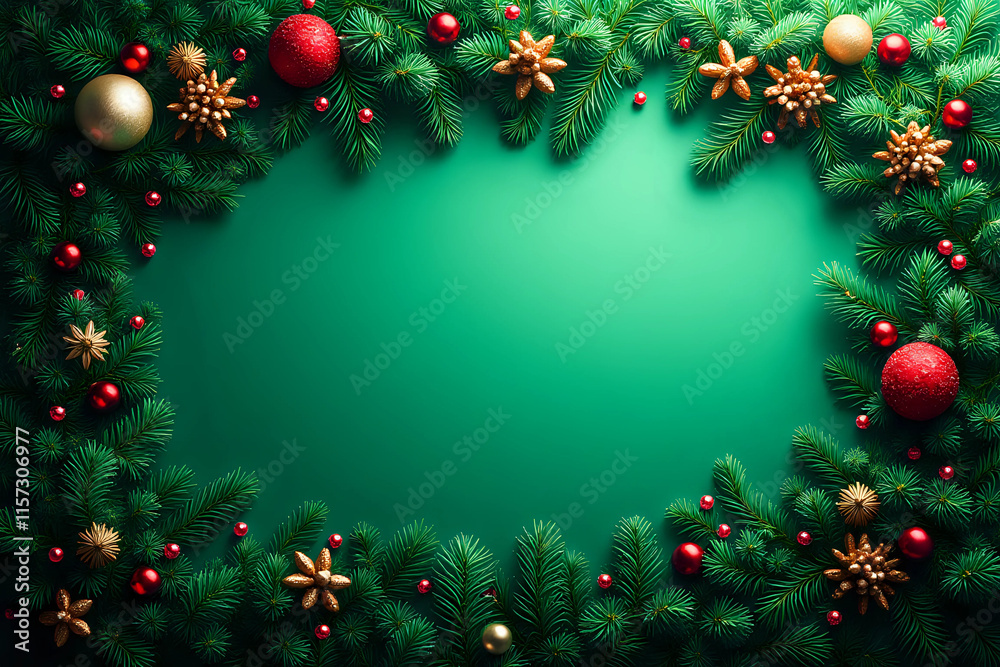 Green Christmas background with fir branches and decorations. with copyspace Green Christmas background with fir branches and decorations. with copyspace