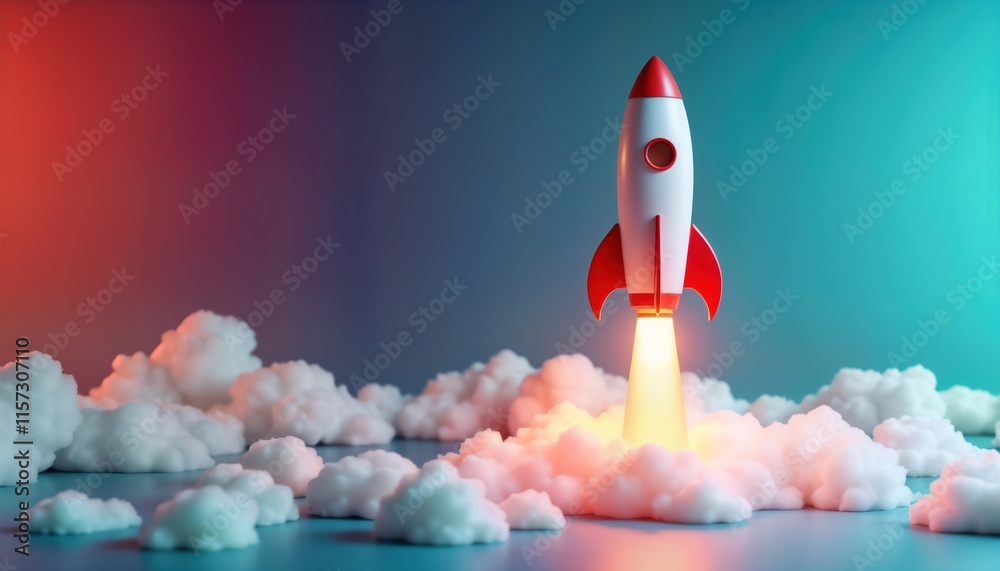 3D rocket launches from clouds in space. Creative startup concept. Rocket white with red details. Success, innovation prominent concepts. Background vibrant color gradients. Minimalist design. 3D rocket launches from clouds in space. Creative startup concept. Rocket white with red details. Success, innovation prominent concepts. Background vibrant color gradients. Minimalist design.