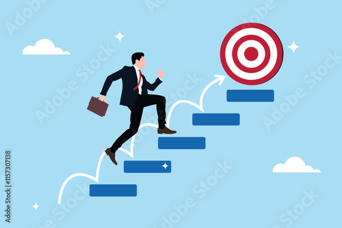 Steps to success or progress and striving to reach goals. Leadership for personal skill development. Crossing stairs or steps to achieve goals. Businessman is climbing the Stairs of success.