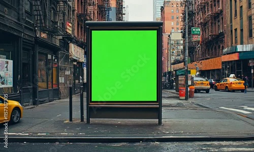 Empty bus stop with a green advertisement panel.