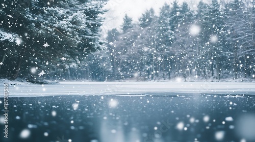 Wallpaper Mural Snowflakes gently falling on a frozen lake, with the surrounding trees covered in a thick layer of snow Torontodigital.ca