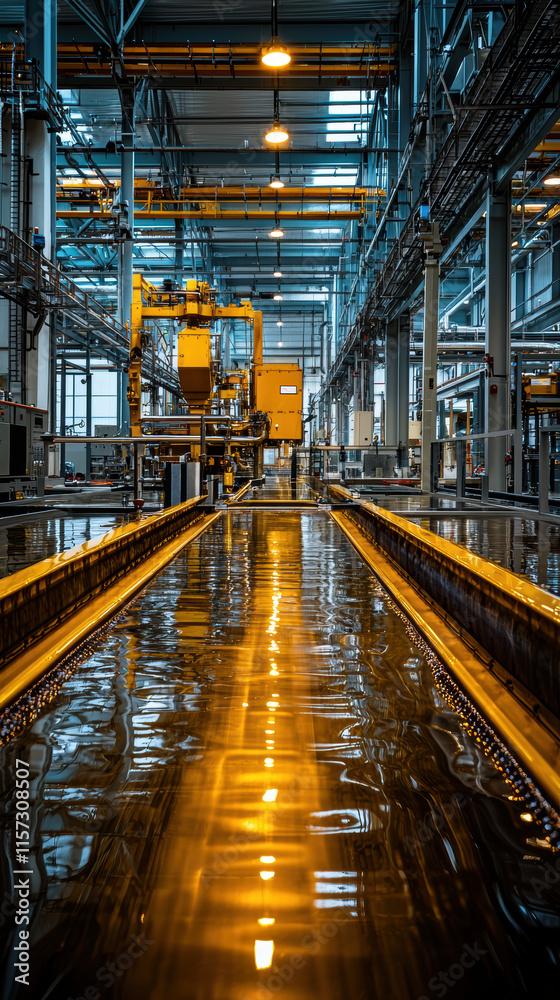 modern industrial scene featuring automated machinery and reflective surfaces modern industrial scene featuring automated machinery and reflective surfaces