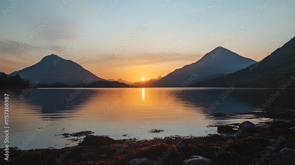 Serene sunset over calm lake, silhouetted mountains reflecting in still water. Serene sunset over calm lake, silhouetted mountains reflecting in still water.