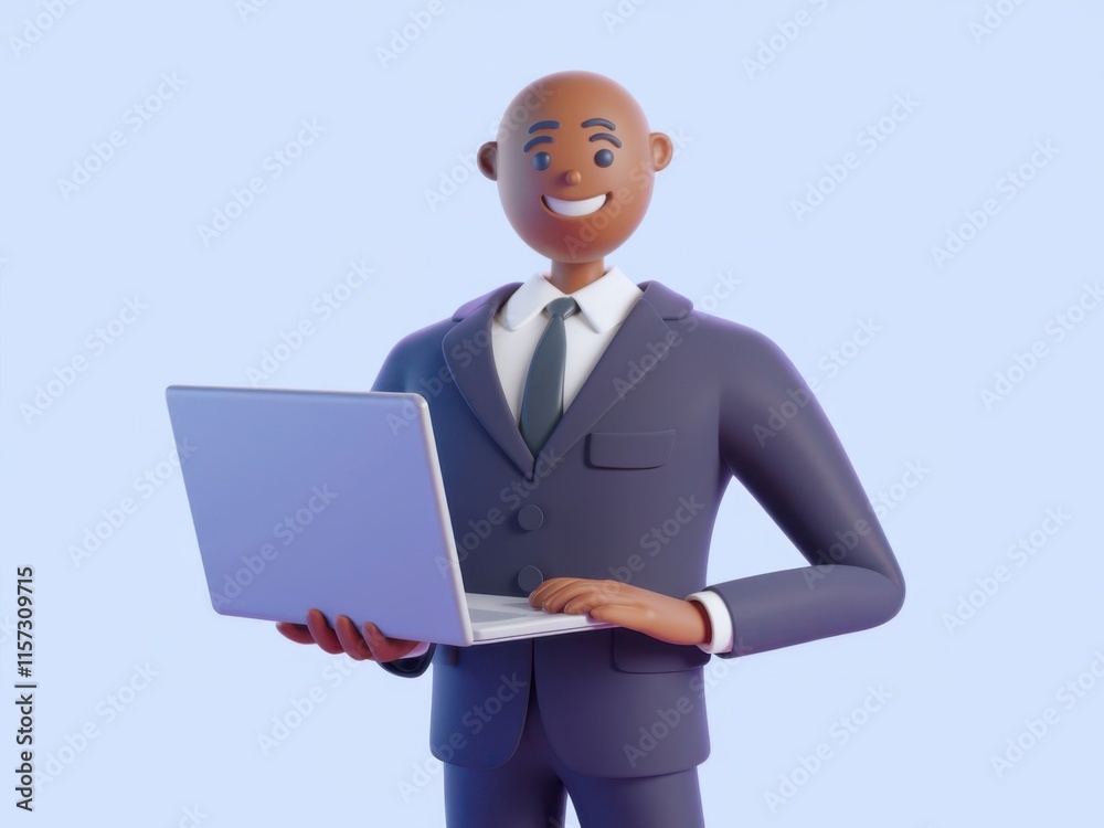 3D Cartoon Character of a Businessman in Suit Holding a Laptop with a Friendly Smile 3D Cartoon Character of a Businessman in Suit Holding a Laptop with a Friendly Smile