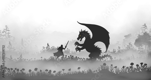 The knight fighting the dragon inside the fog standing on the field silhouette vector illustration. There are beautiful hazy landscape with a grass, flowers and plants beyond.