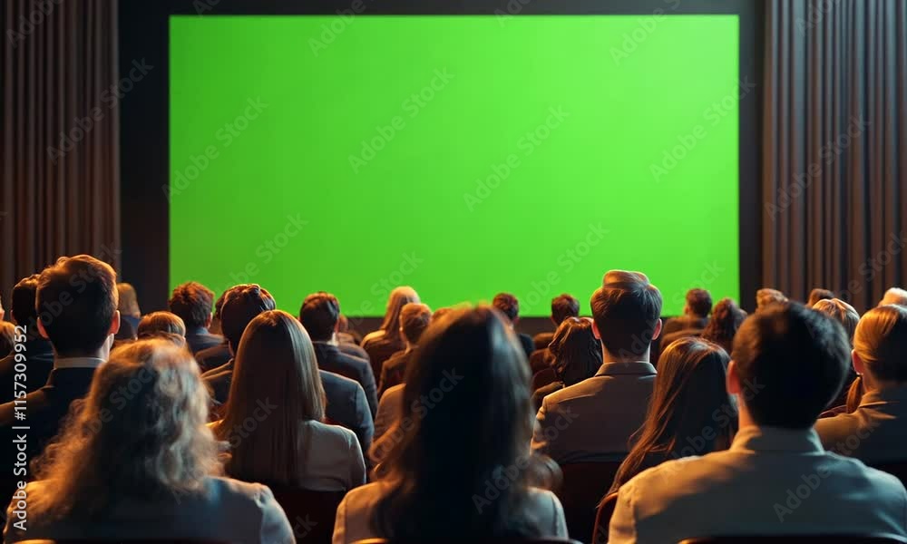 Audience facing a green screen in a presentation setting.