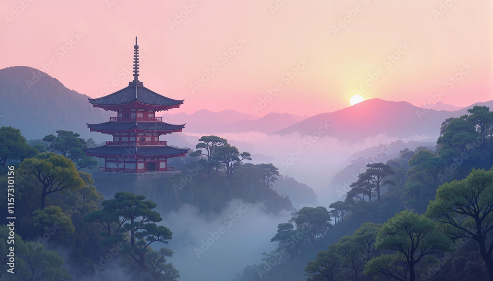 Pagoda in misty mountains at sunrise Pagoda in misty mountains at sunrise