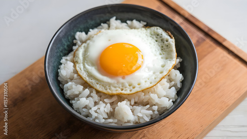 A photo of a bowl of steamed rice with a fried egg on top.