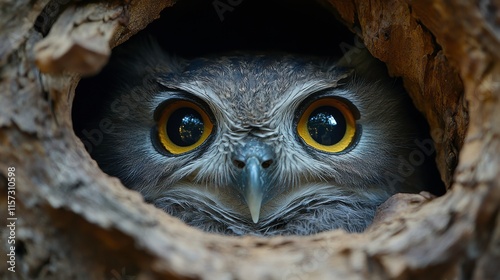 A close-up of an owl peering from a tree hollow with striking yellow eyes. photo