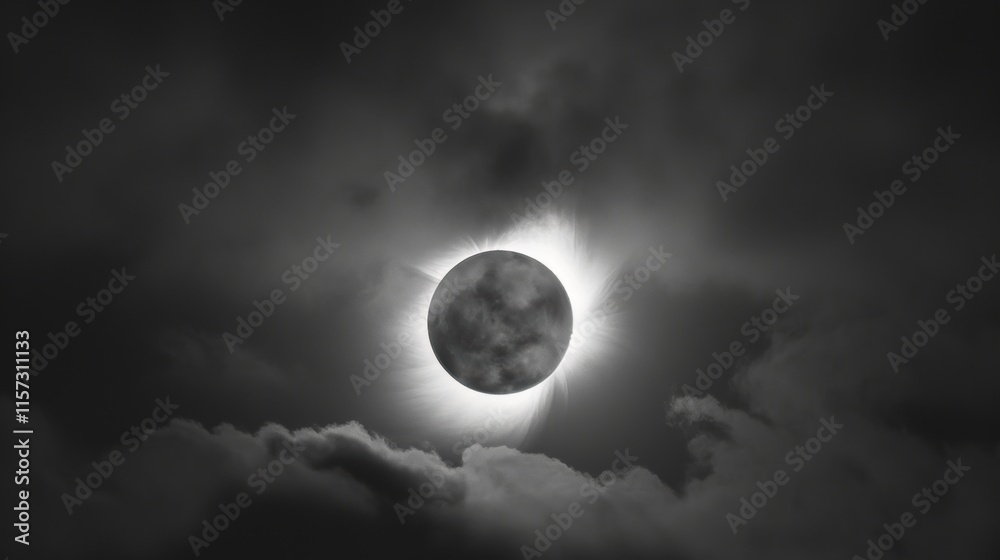 Solar eclipse showing moon's shadow on sun and earth during totality. Solar eclipse showing moon's shadow on sun and earth during totality.