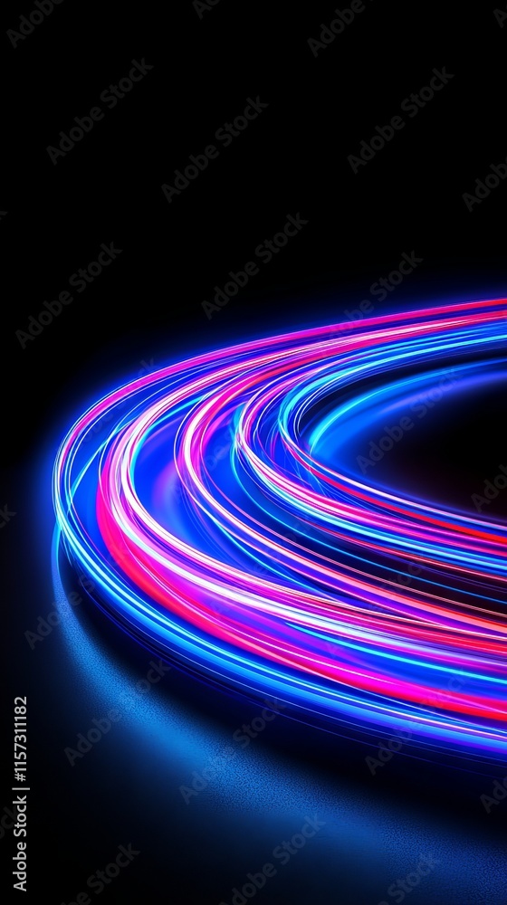 Vertical shot of an abstract light trail with a colorful glow, set against a backdrop of blue and red particles. Vertical shot of an abstract light trail with a colorful glow, set against a backdrop of blue and red particles.