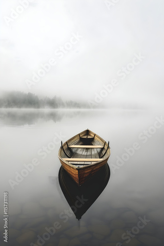 Solitary Drift: A Wooden Boat Floating On A Misty Lake Representing Aimless Journey and Serene Solitude photo