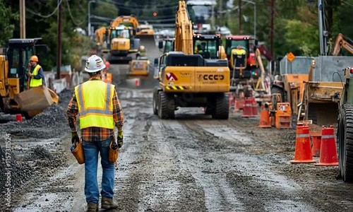 Construction worker walking on a muddy road with machinery.